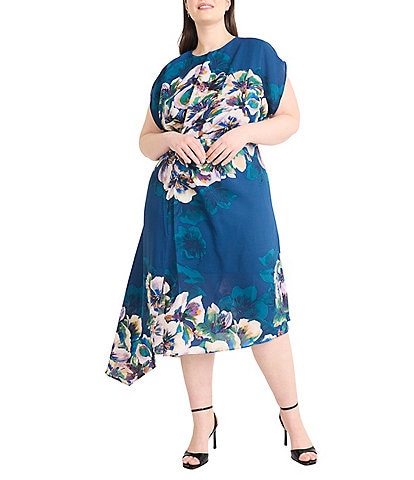 Maggy London Plus Size Short Sleeve Crew Neck Floral A- Line Asymmetric Hem Midi Dress