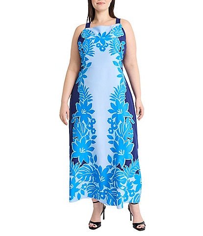 Maggy London Plus Size Sleevless Floral Print Square Neck Sheath Maxi Dress