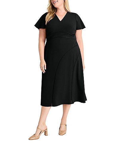 Maggy London Plus Size V-Neck Flutter Sleeve Asymmetrical Trim A-Line Midi Dress