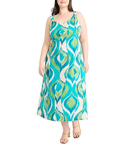 Maggy London Plus Size V-Neck Sleeveless Printed A-Line Midi Dress