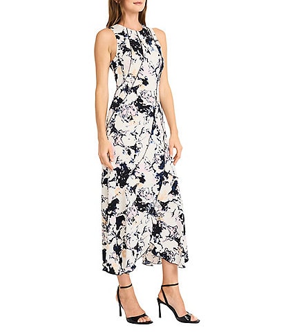 Maggy London Printed ITY Crew Neck Sleeveless Asymmetrical Hem A-Line Midi Dress