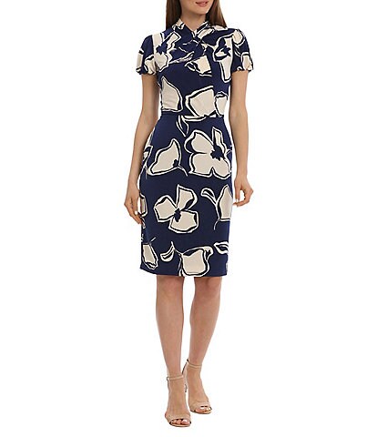 Maggy London Printed Stretch Twisted Mock Neck Short Sleeve Dress