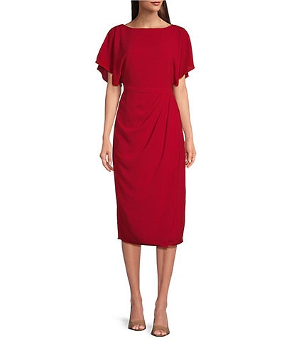 Maggy London Crew Neck Short Dolman Sleeve Faux Wrap Midi Sheath Dress