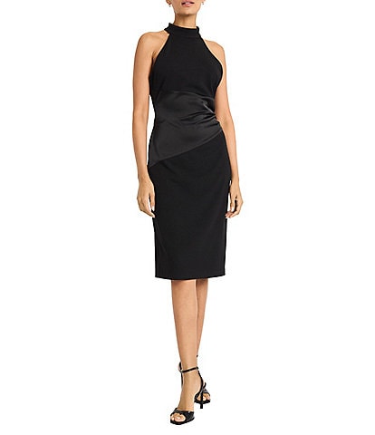 Maggy London Scuba Crepe Halter Neck Sleeve Satin Drape Sheath Midi Dress