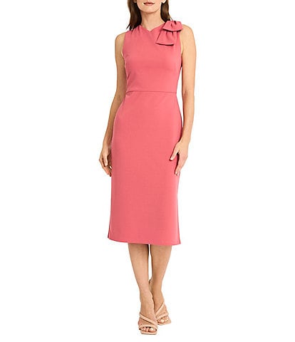 Maggy London Scuba Crepe High Neck Sleeveless Bow Shoulder Sheath Midi Dress