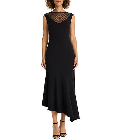 Maggy London Scuba Crepe Illusion Sequin Mesh V-Neck Cap Sleeve Asymmetrical Midi Dress