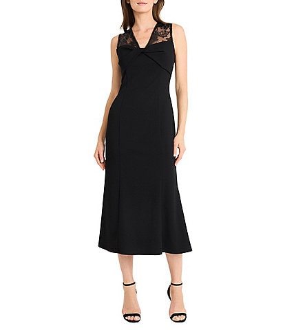 Maggy London Scuba Crepe Lace Inset V-Neck Sleeveless Twist Front Midi Dress