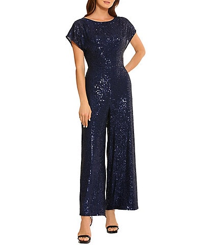 Maggy London Sequin Round Neck Short Sleeve Wide Leg Jumpsuit