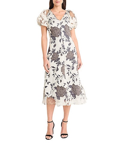 Maggy London Short Puffed Sleeve V-Neck Floral Print Fit And Flare Midi Dress