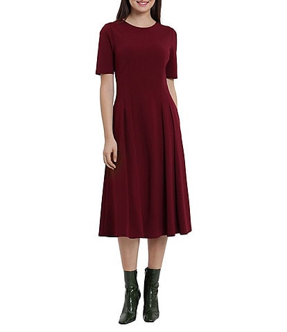 Maggy London Short Sleeve Crew Neck Double Pleat Stretch Crepe Midi A-Line Midi Dress