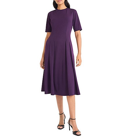 Maggy London Short Sleeve Crew Neck Double Pleat Stretch Crepe Midi A-Line Midi Dress