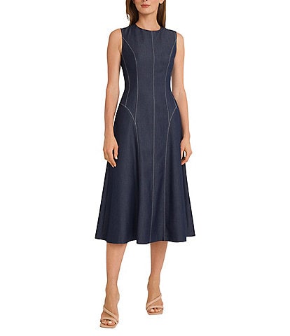 Maggy London Sleeveless A-Line Stretch Denim Midi Dress