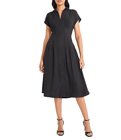 Maggy London Solid Drapery Twill Collared V-Neck Short Sleeves Pleated A-Line Midi Dress