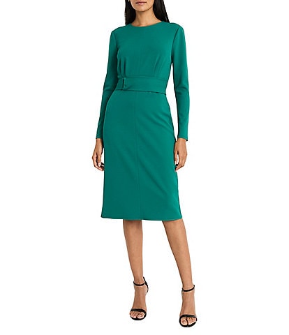 Maggy London Solid Scuba Crepe High Neck Long Sleeve Belted Wrap Sheath Dress