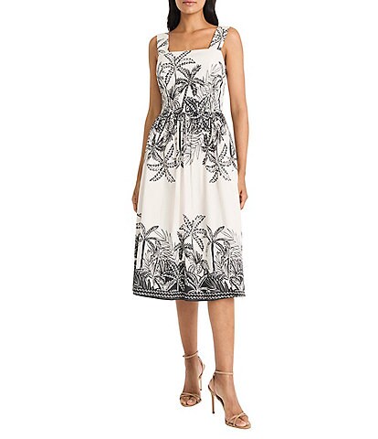 Maggy London Square Neck Sleeveless Tropical Print Fit And Flare Midi Dress