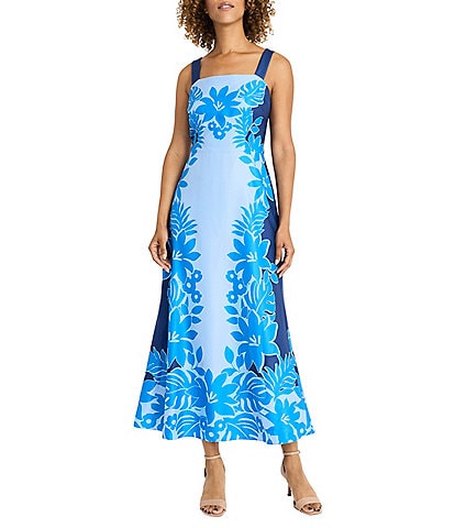 Maggy London Square Neck Tropical Scarf Print Maxi Dress