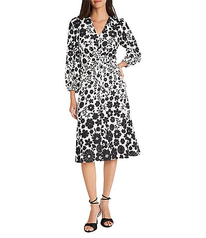 Maggy London Stretch Crepe Floral Print V-Neck Long Sleeve Twist Front Midi Dress