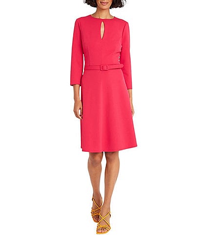 Maggy London Stretch Crepe Round Keyhole Neckline 3/4 Sleeve Fit and Flare Dress