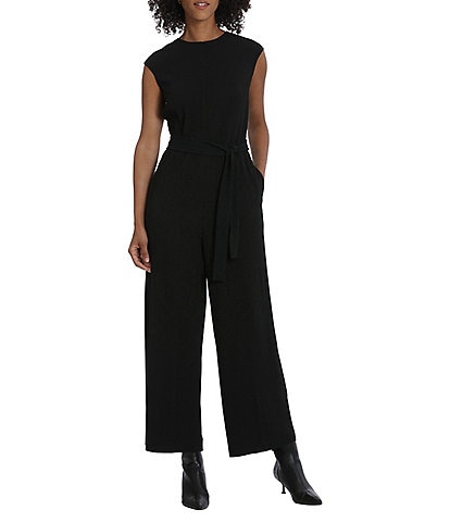 Maggy London Stretch Pleated Knit Crepe Crew Neckline Sleeveless Jumpsuit