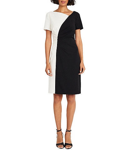 Maggy London Stretch Scuba Crepe Color Block Asymmetrical Neck Side Ruched Short Sleeve Dress