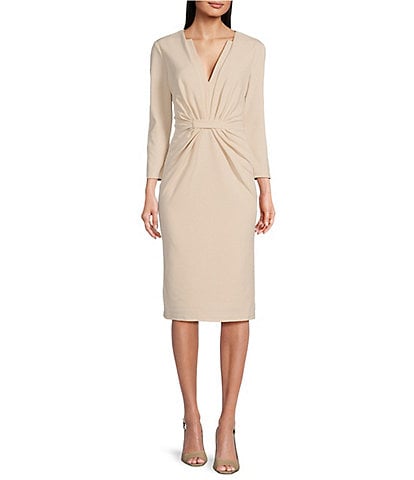 Maggy London Stretch V-Neck 3/4 Sleeve Belted Waist Ruched Sheath Dress