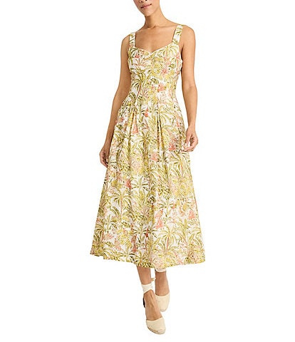 Maggy London Sweetheart Neck Sleeveless Tropical Printed Tricot Drop Waist Midi Dress