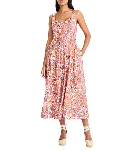 Maggy London Sweetheart Neck Sleeveless Tropical Printed Tricot Drop Waist Midi Dress