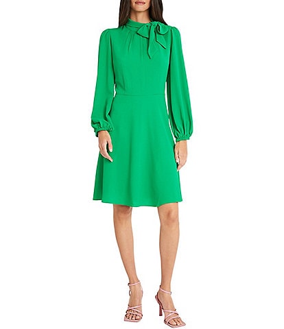 Maggy London Catalina Crepe Tie Bow Mock Neck Long Sleeve A-Line Dress