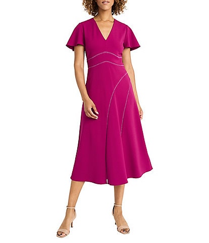 Maggy London V-Neck Flutter Sleeve Asymmetrical Lattice Scuba Crepe Midi Dress