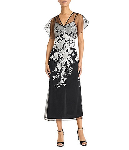 Maggy London V-neck Short Sleeve Floral Sequin Embellished Mesh Sheath Midi Dress