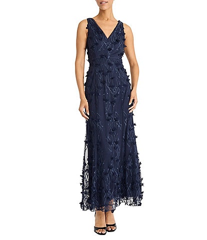 Maggy London V-neck Sleeveless 3D Floral Applique Embroidered Mesh Sheath Gown