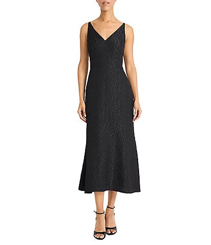Maggy London V-neck Sleeveless Empire Waist Sheath Jacquard Midi Dress