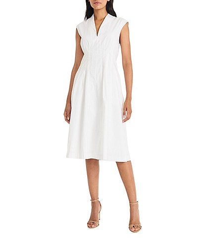 Maggy London V-Neck Sleeveless Plntucked Cotton Poplin Fit & Flare Midi Dress