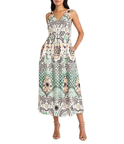 Maggy London Woven V-Neck Sleeveless Tropical Print Midi A-Line Dress