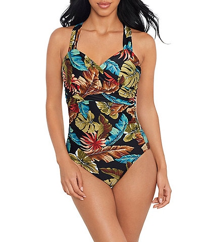 Beach House Women's Abstract Palm Denise Shirred Bandeau Swim Dress at