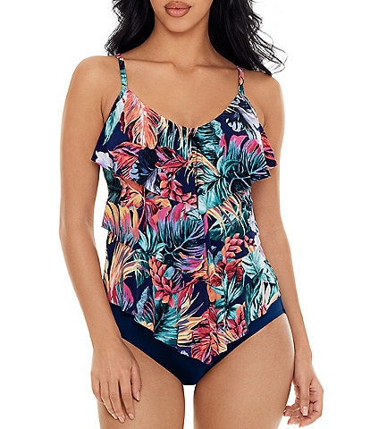 Magicsuit Belize Rita Tropical Print V-Neck Ruffle Tankini Swim Top & Solid Jersey Brief Shirred Swim Bottom