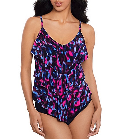 Magicsuit Cherry Bomb Rita Printed V-Neck Ruffle Detail Tankini Swim Top & Solid Jersey Brief Shirred Swim Bottom