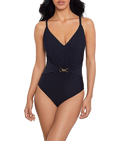 Magicsuit Gianna Solid Plunge Neck Gold Chain Link Underwire One Piece Swimsuit