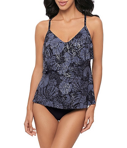 Magicsuit Shell Beach Chloe V-Neck Draped Layered Tankini Swim Top & Solid Jersey Brief Shirred Swim Bottom