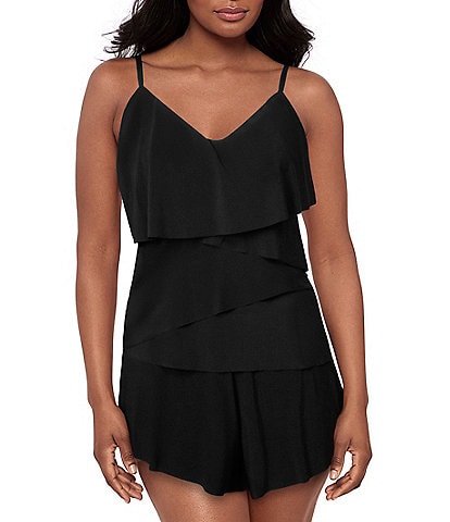 Magicsuit Solid Chloe V-Neck Draped Layered Tankini Swim Top & Solid Jersey Brief Shirred Swim Bottom