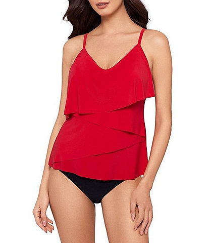 Magicsuit Solid Chloe V-Neck Draped Layered Tankini Swim Top & Solid Jersey Brief Shirred Swim Bottom