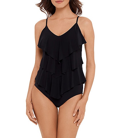 Magicsuit Solid Rita V-Neck Triple Ruffle Tankini Swim Top & Solid Jersey High Waist Swim Bottom