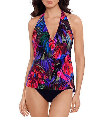 Magicsuit Summer Lovin Sophie Printed Hidden Underwire V-Neck Halter Tankini Swim Top & Solid Jersey Brief Shirred Swim Bottom