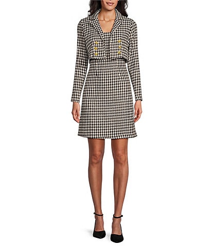 Maison Tara 2-Piece Houndstooth Long Sleeve Jacket Dress