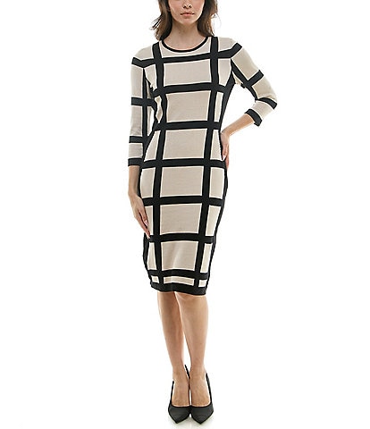 Maison Tara Crew Neck 3/4 Sleeve Sweater Stretch Knit Sheath Dress