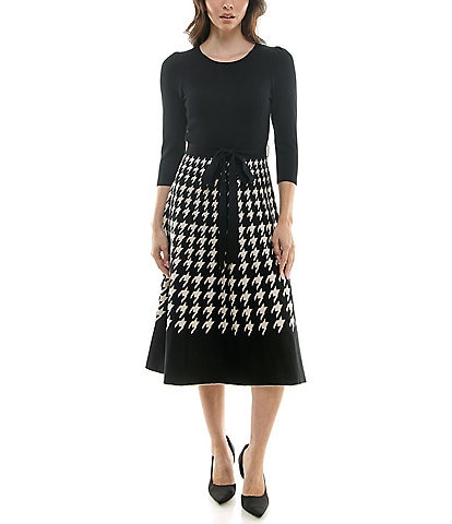 Maison Tara Crew Neck 3/4 Sleeve Tie Sash Houndstooth Sweater Stretch Knit Fit and Flare Midi Dress