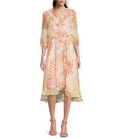 Maison Tara Floral Print 3/4 Sleeve Surplice V-Neck Faux Wrap Chiffon Dress