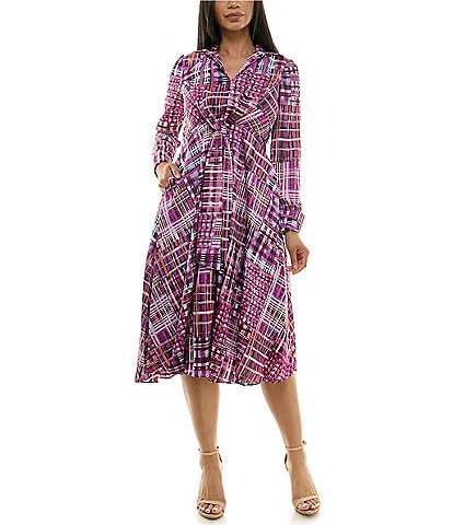 Maison Tara Long Sleeve Collared Neck Tie Front Printed Dress
