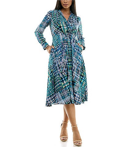 Maison Tara Long Sleeve Collared Neck Tie Front Printed Dress