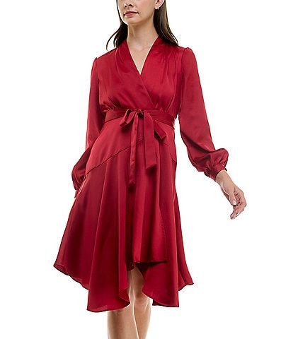 Maison Tara Long Sleeve Surplice V-Neck Tie Waist Faux Wrap Dress